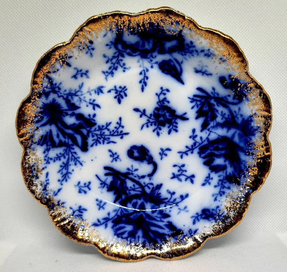 Antique Warwick Flow Blue Pansy Pattern 4 Dessert Bowls Gold Gilt Scalloped Edge